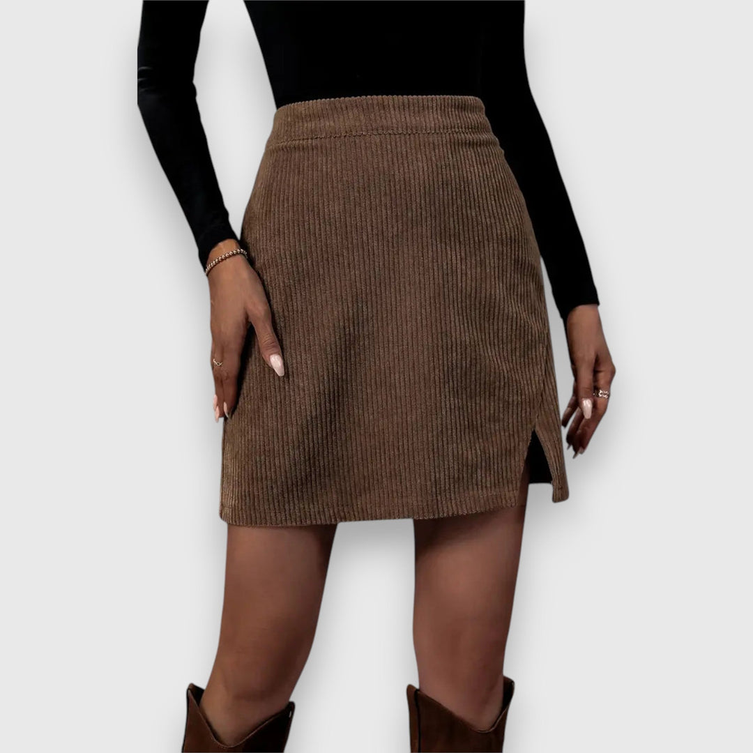Women's Corduroy Mini Skirt – High-Waisted Side Slit