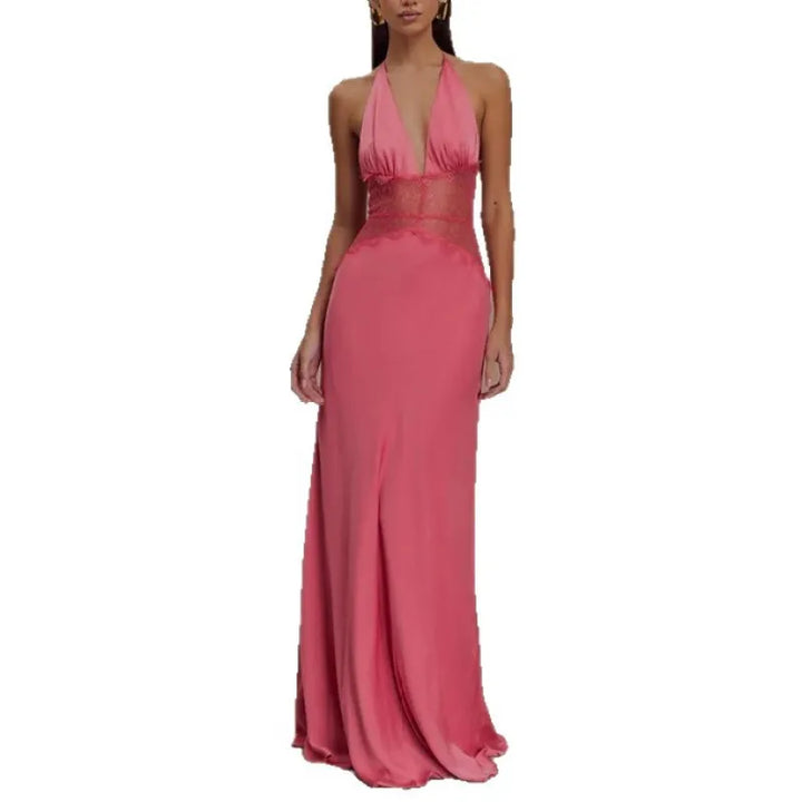 Satin Maxi Dress Halter Neck V Slit Seamless Formal Gown