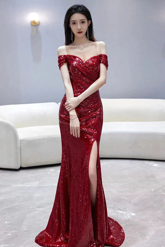 Sequin Mermaid Evening Dress – Sweetheart Off-Shoulder High Slit