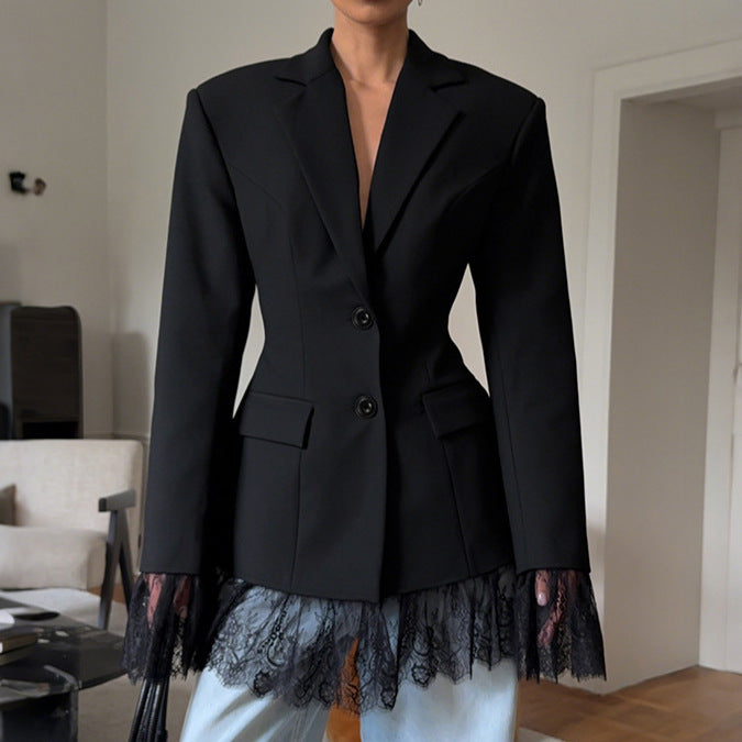 Women's Slim Fit Blazer – Lace Trim Single Button Design
