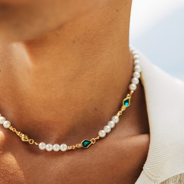 Pearl Necklace with Zirconia | Adjustable -Tone Chain