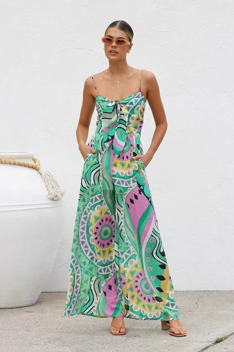Women's Wide Leg Jumpsuit – Spaghetti Strap Bow Waist