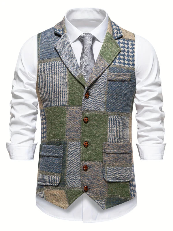 Men's Patchwork Herringbone Waistcoat – Single Breasted Woven Vest