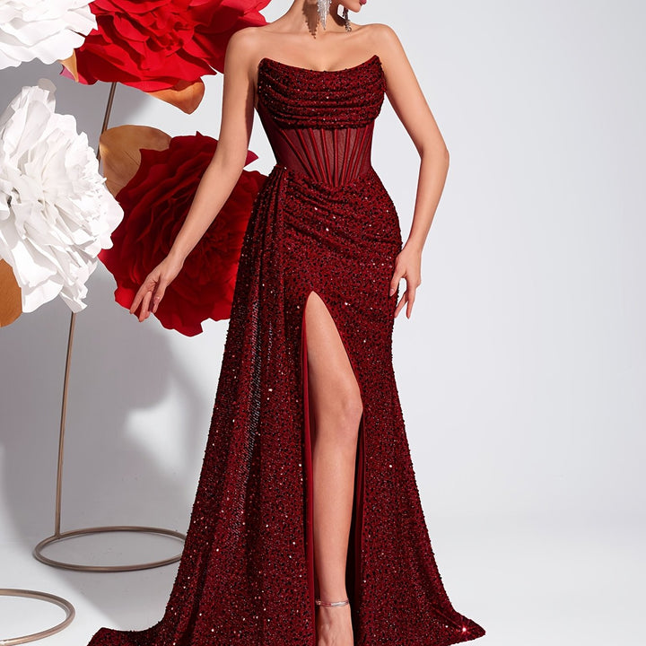 Women's Sequin Strapless Evening Gown – Corset Waist & Slit