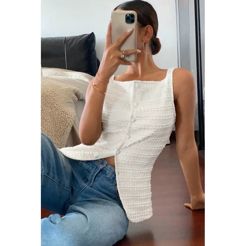 Women's Textured Sleeveless Top – Square Neck Button Front