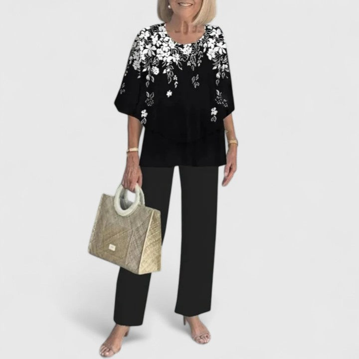 Women's Floral Pants Two-Piece Set – Round Neck Half Sleeve Co-ord