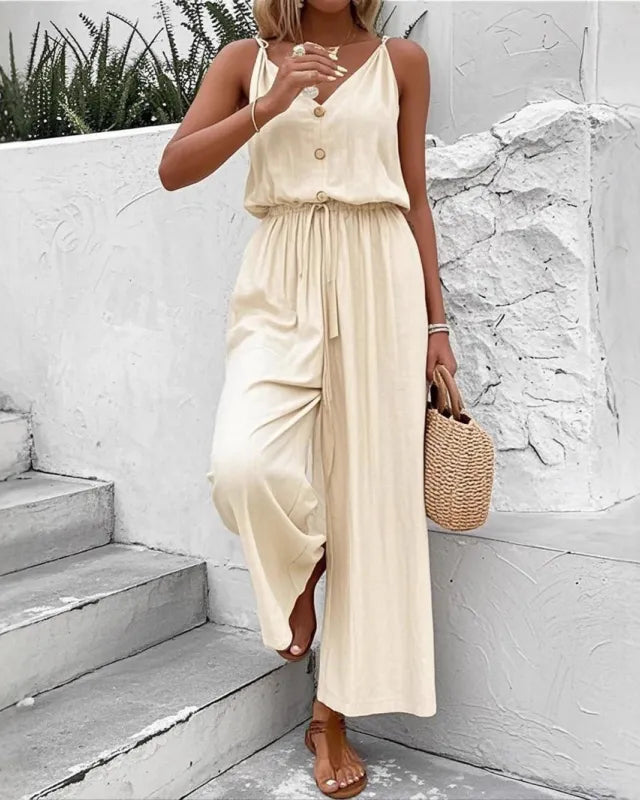 Wide-Leg Jumpsuit for Women – Sleeveless V-Neck Relaxed Fit