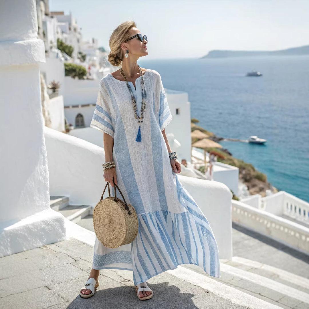 Women's Boho Maxi Dress – V-Neck Kaftan with Stripe Trim