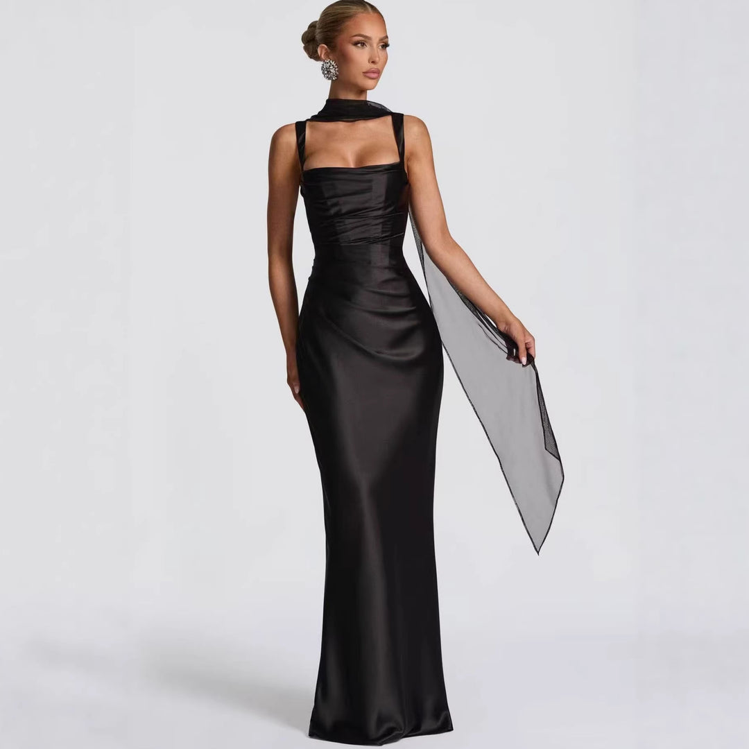 Satin Maxi Dress – Women's Square Neck Ruched Formal Gown