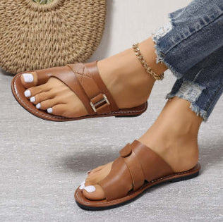 Women's Genuine Leather Flat Sandals – Adjustable Buckle Strap