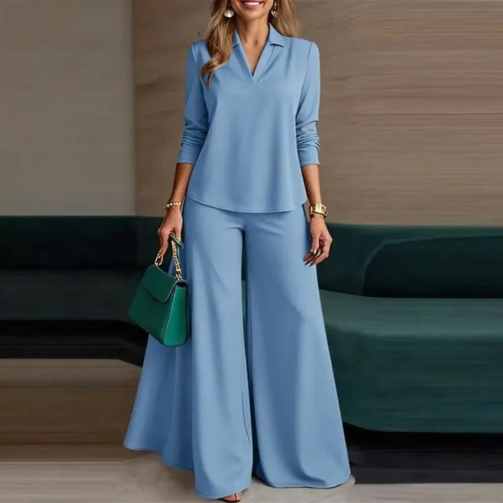 Women's Two Piece Set – Long Sleeve Blouse & Wide-Leg Trousers