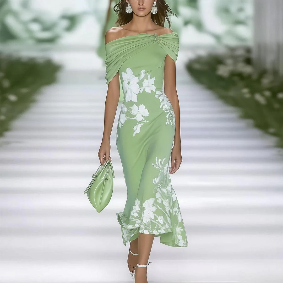 Floral Woven Midi Dress – Off Shoulder Fitted Silhouette