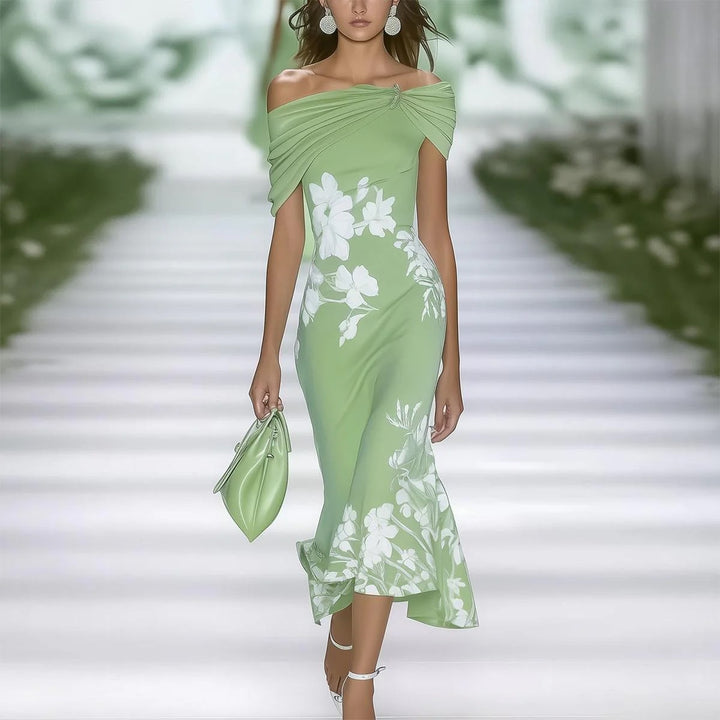 Floral Woven Midi Dress – Off Shoulder Fitted Silhouette