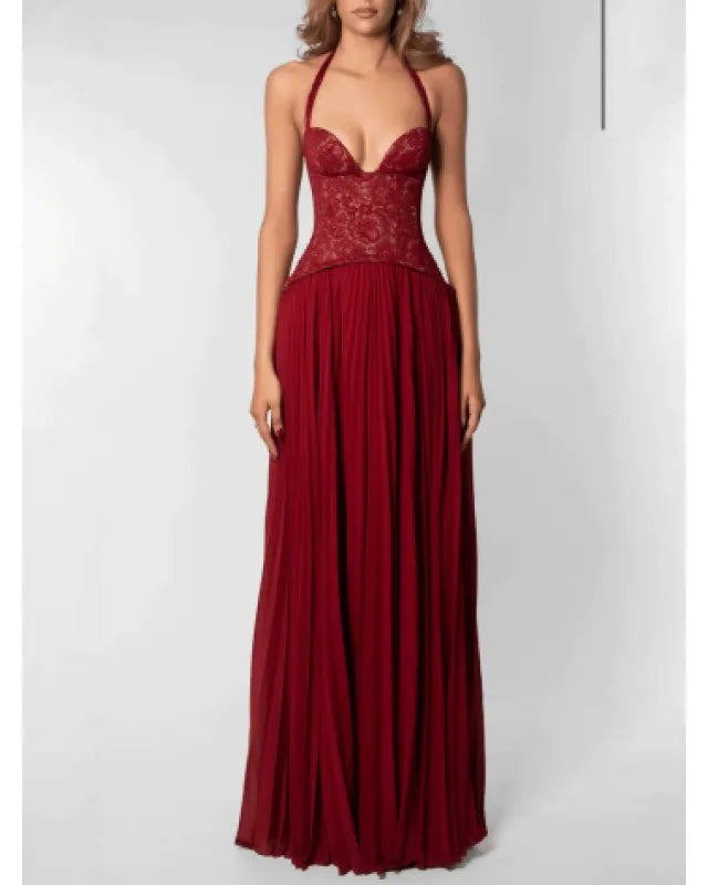 Backless Maxi Dress – Pleated Halter Neck Women&