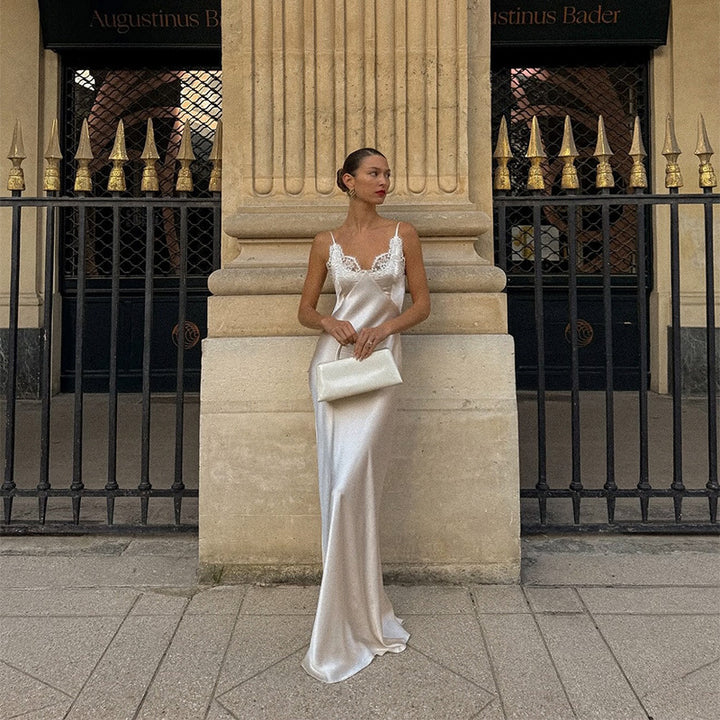 Satin Maxi Dress with Lace Accents – Women's Flowy Long Dress