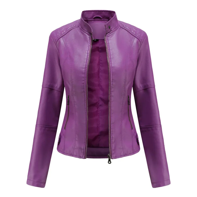 Vegan Leather Jacket for Women – Long Stand Collar Modern Coat