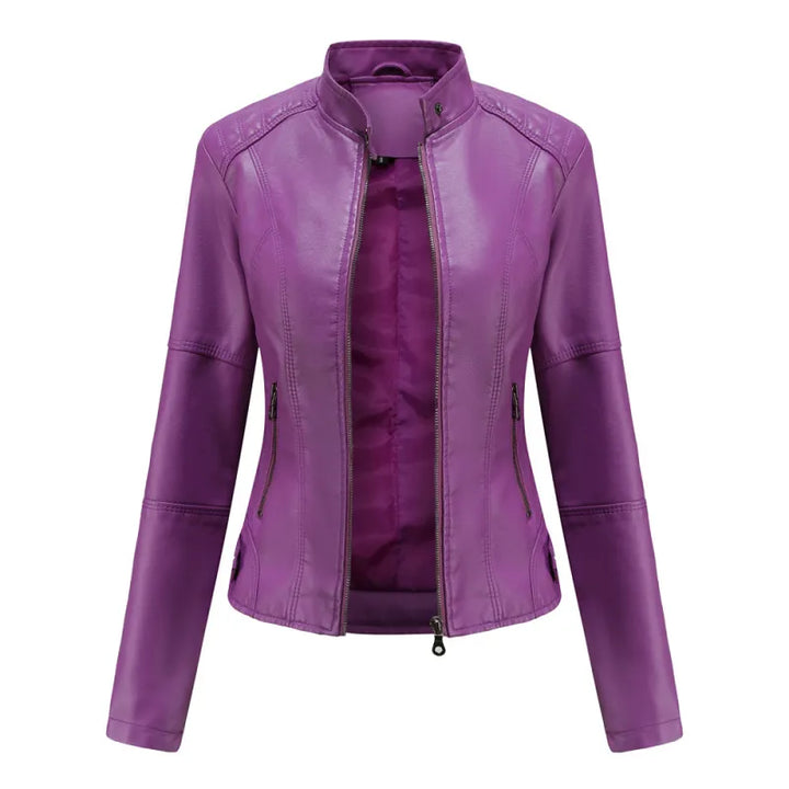 Vegan Leather Jacket for Women – Long Stand Collar Modern Coat