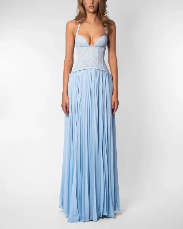 Backless Maxi Dress – Pleated Halter Neck Women&