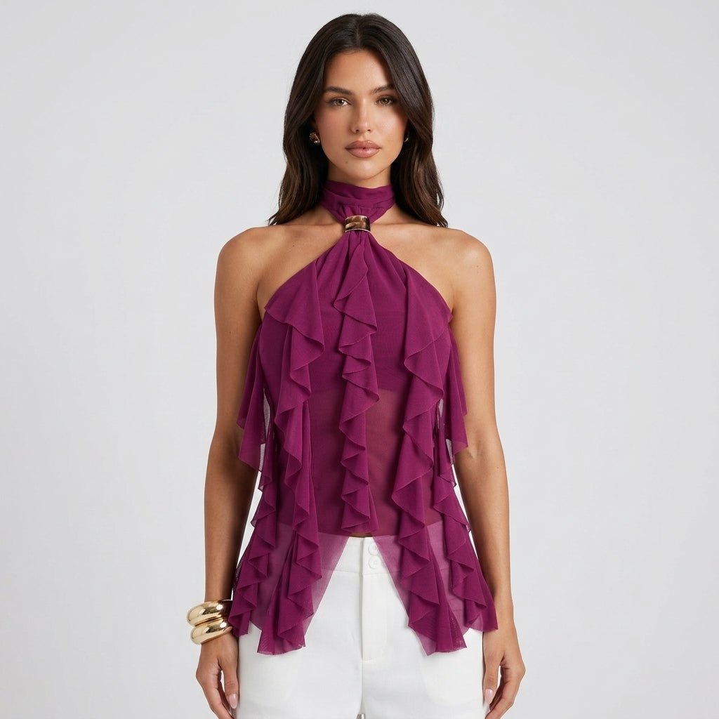 Women's Chiffon Ruffle Halter Top – Sleeveless Metal Ring Detail