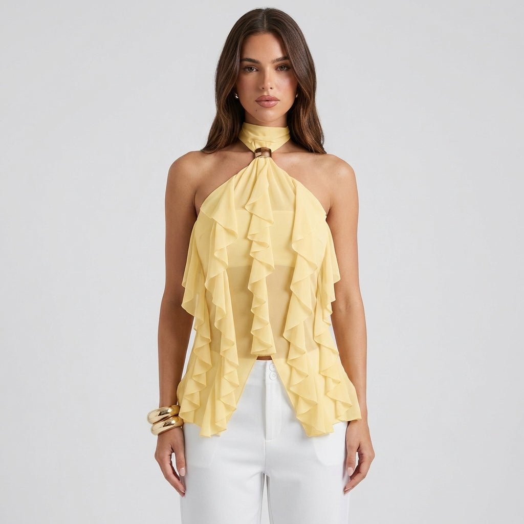Women's Chiffon Ruffle Halter Top – Sleeveless Metal Ring Detail