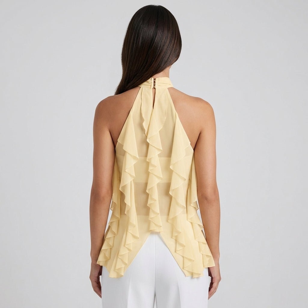 Women's Chiffon Ruffle Halter Top – Sleeveless Metal Ring Detail