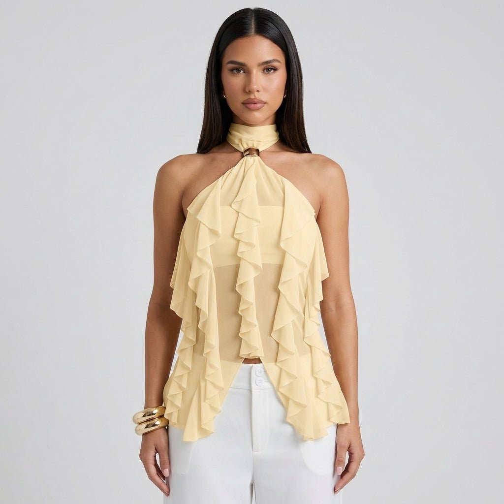 Women's Ruffle Halter Top – Layered Semi-Sheer Blouse