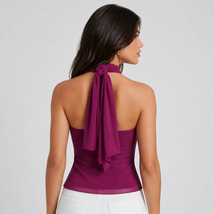 Women's Chiffon Ruffle Halter Top – Sleeveless Metal Ring Detail