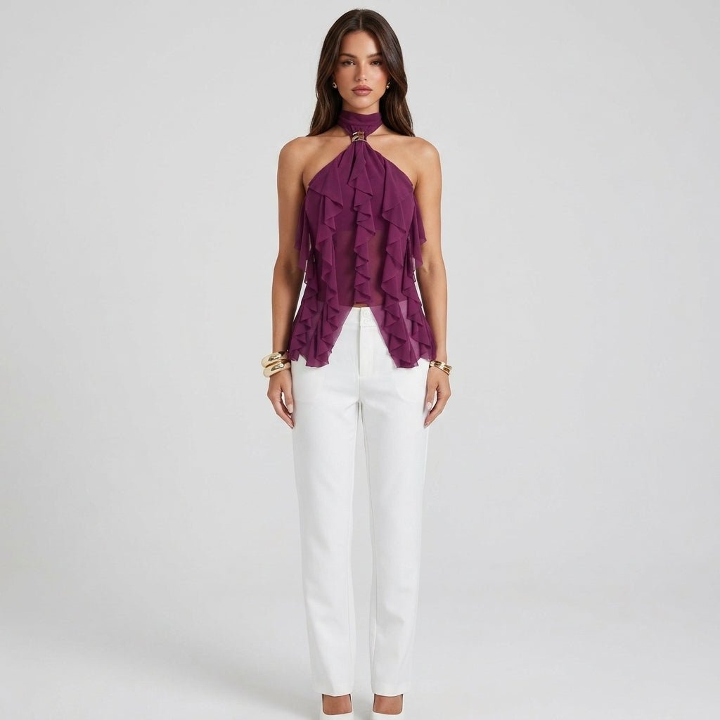 Women's Chiffon Ruffle Halter Top – Sleeveless Metal Ring Detail