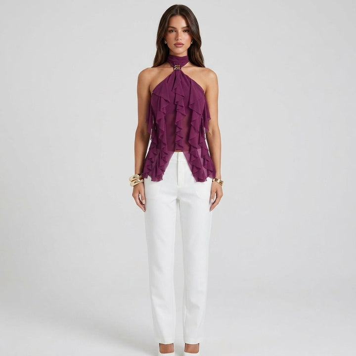 Women's Chiffon Ruffle Halter Top – Sleeveless Metal Ring Detail