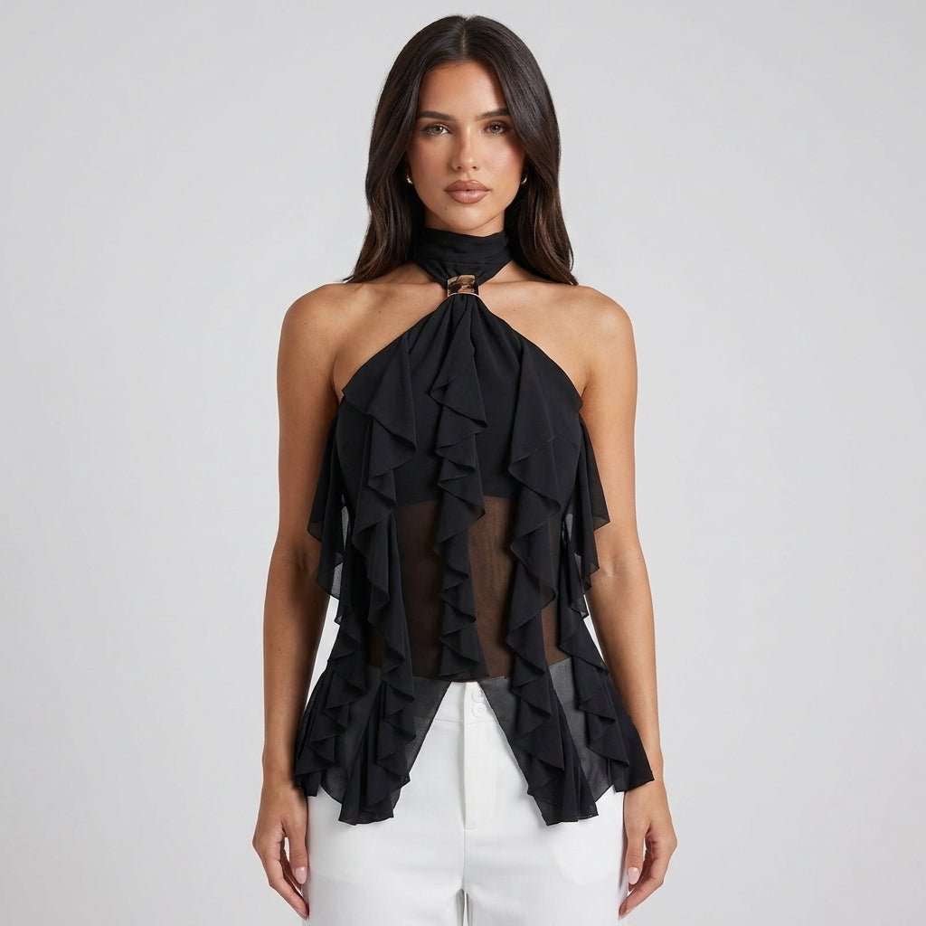 Women's Chiffon Ruffle Halter Top – Sleeveless Metal Ring Detail