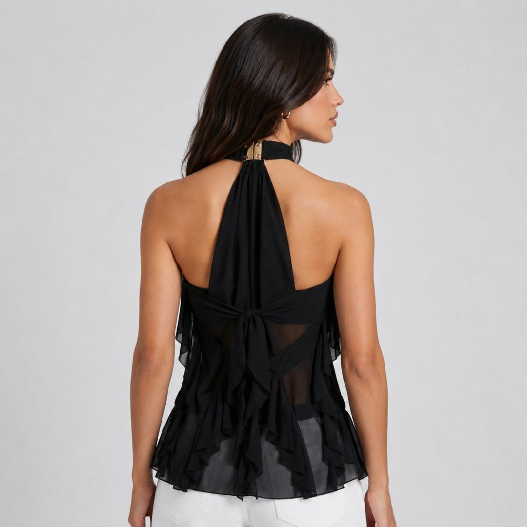 Women's Chiffon Ruffle Halter Top – Sleeveless Metal Ring Detail