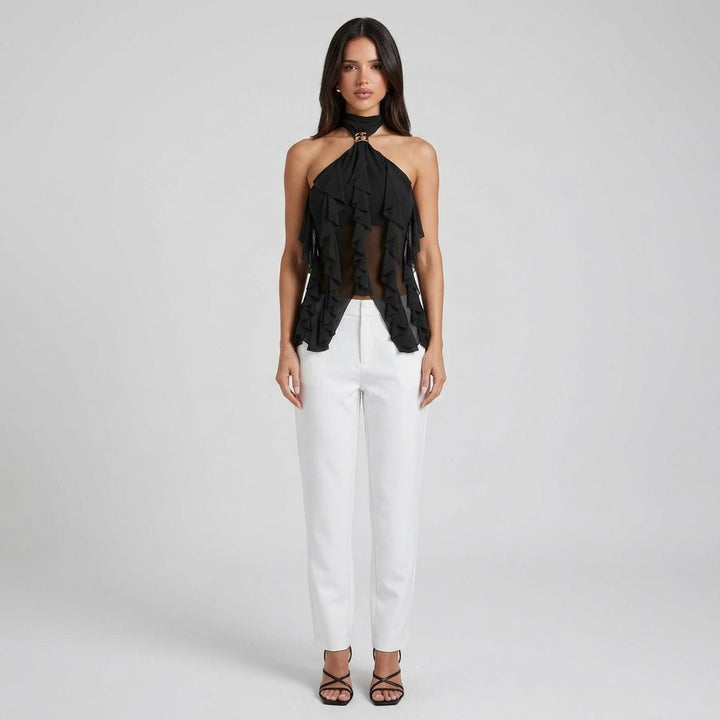 Women's Chiffon Ruffle Halter Top – Sleeveless Metal Ring Detail