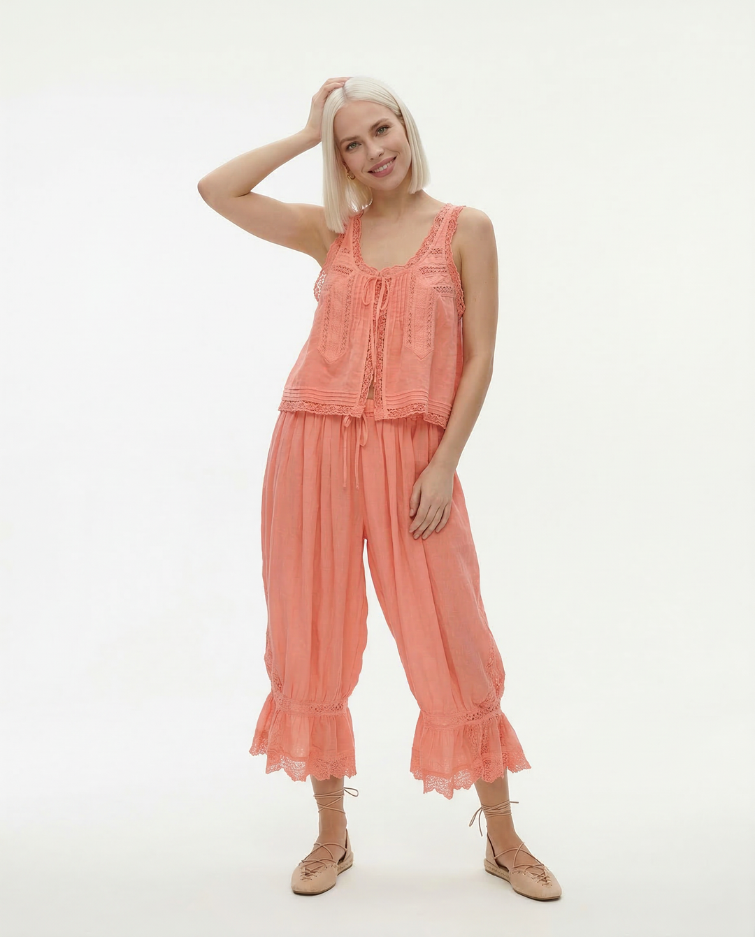 Women's Cotton Lace-Trim Two-Piece Set – Tank Top Wide-Leg Pants