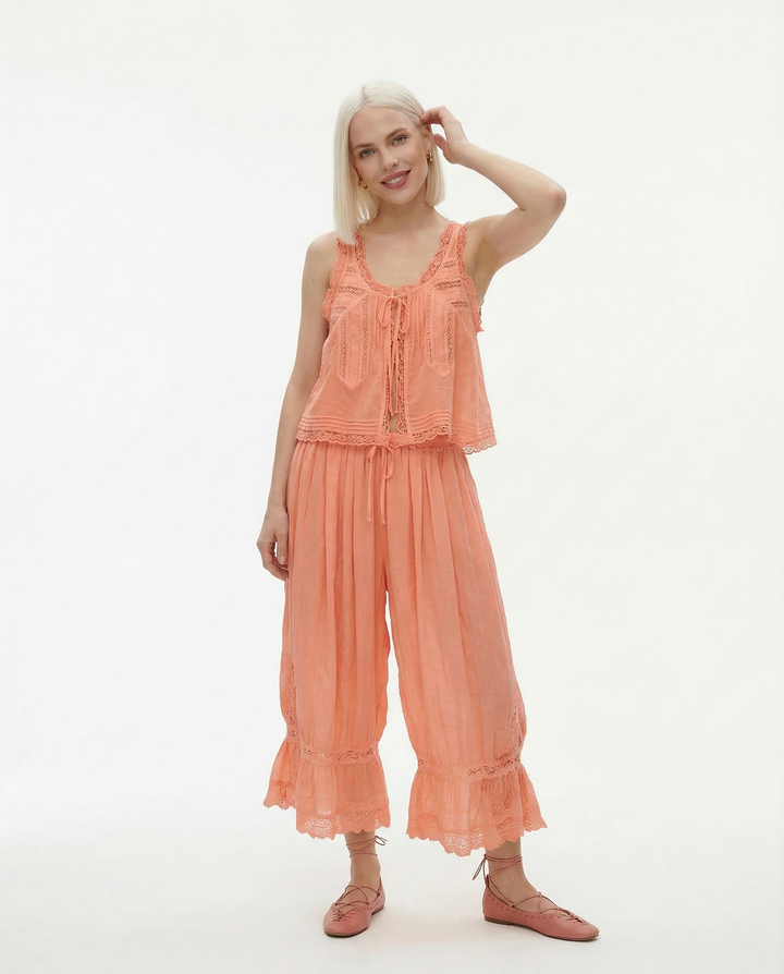 Women's Cotton Lace-Trim Two-Piece Set – Tank Top Wide-Leg Pants