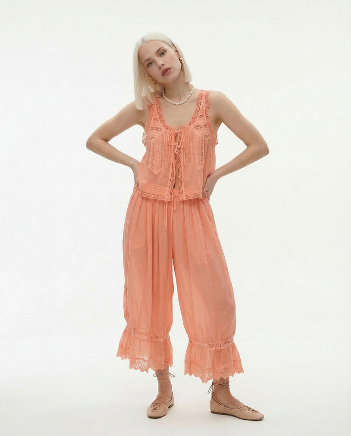 Women's Cotton Lace-Trim Two-Piece Set – Tank Top Wide-Leg Pants
