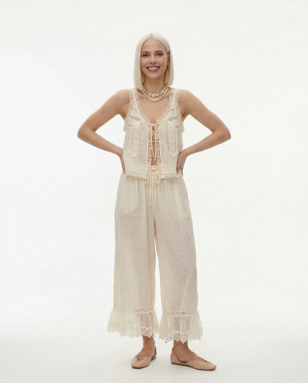Women's Cotton Lace-Trim Two-Piece Set – Tank Top Wide-Leg Pants
