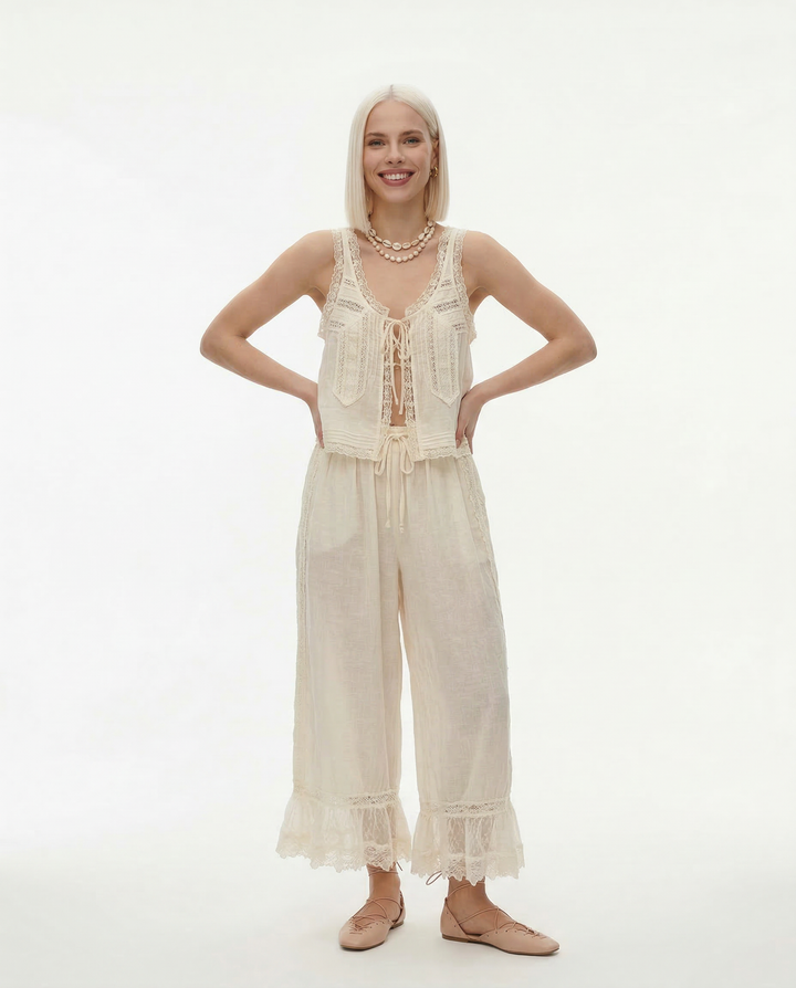 Women's Cotton Lace-Trim Two-Piece Set – Tank Top Wide-Leg Pants