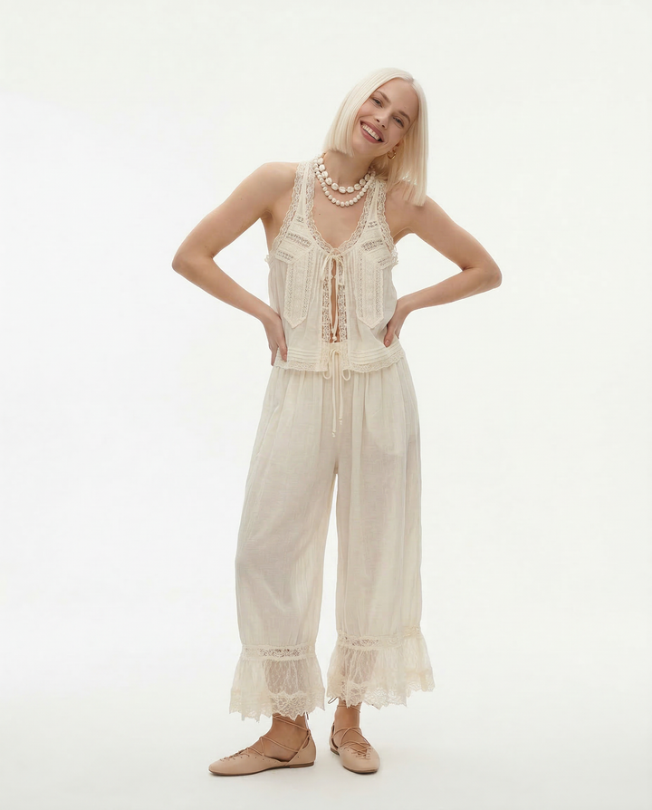 Women's Cotton Lace-Trim Two-Piece Set – Tank Top Wide-Leg Pants