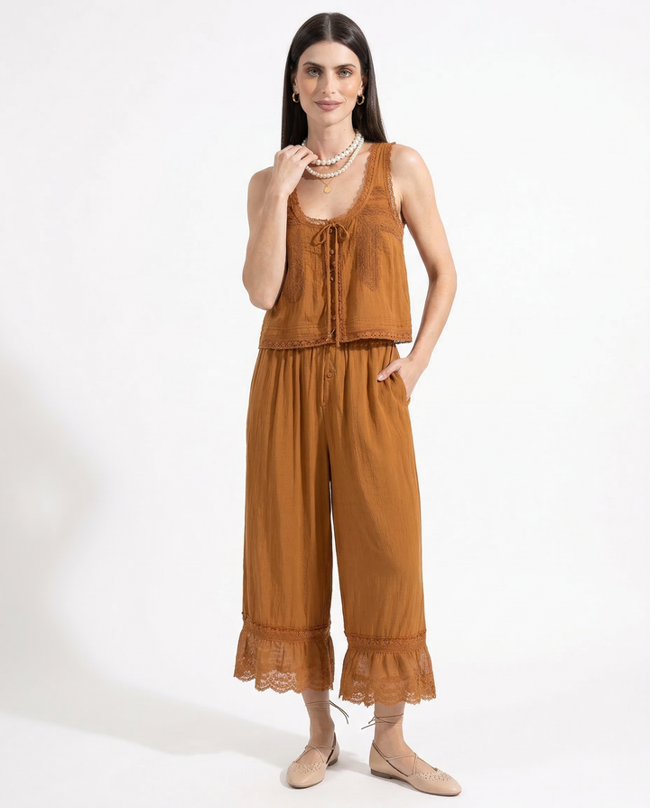 Women's Cotton Lace-Trim Two-Piece Set – Tank Top Wide-Leg Pants