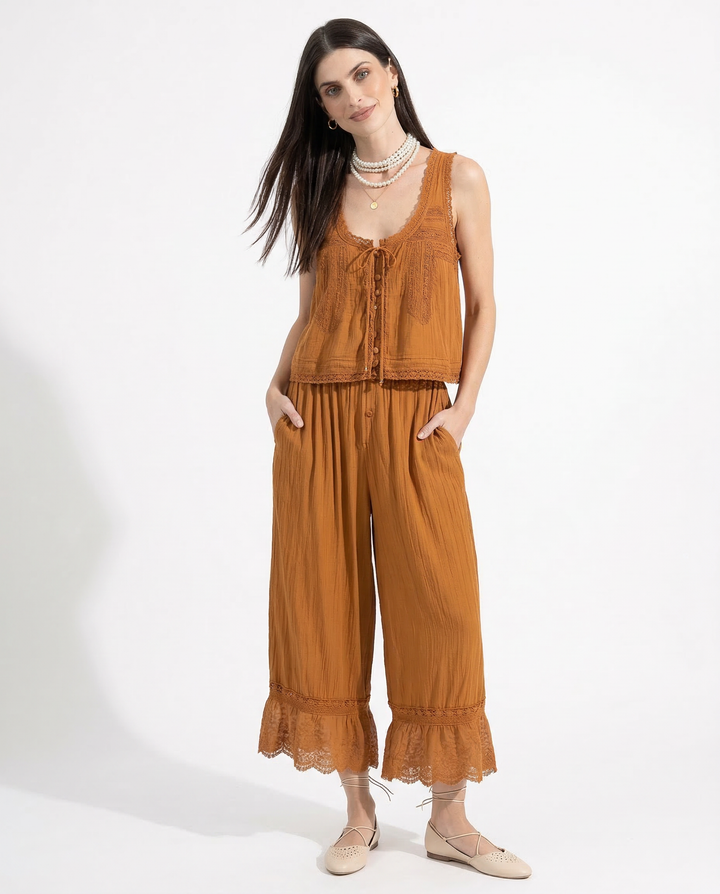 Women's Cotton Lace-Trim Two-Piece Set – Tank Top Wide-Leg Pants