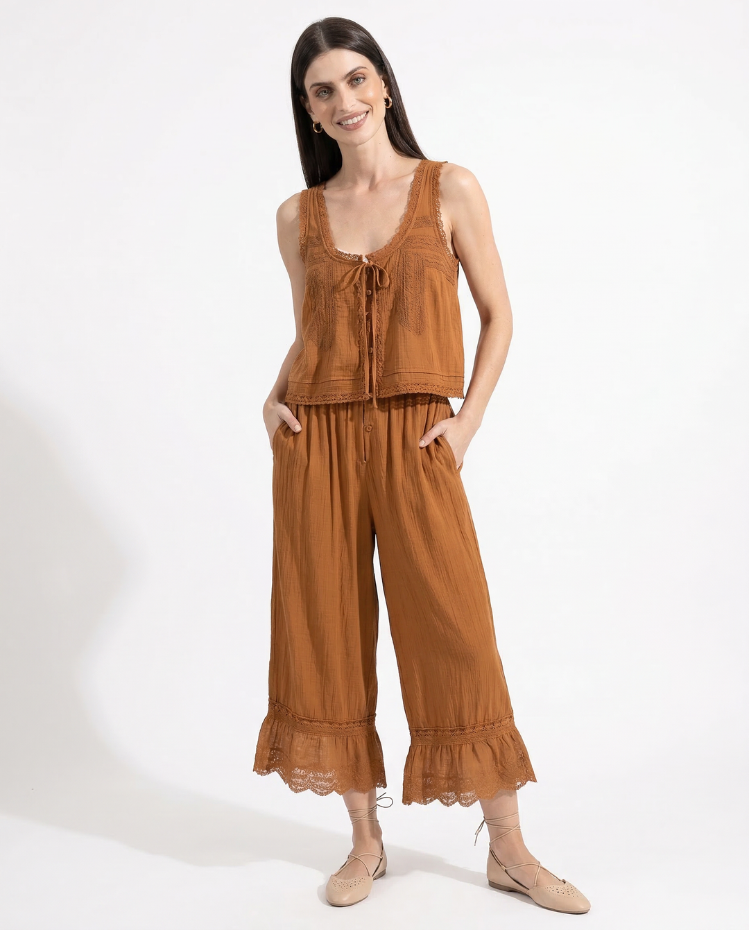 Women's Cotton Lace-Trim Two-Piece Set – Tank Top Wide-Leg Pants