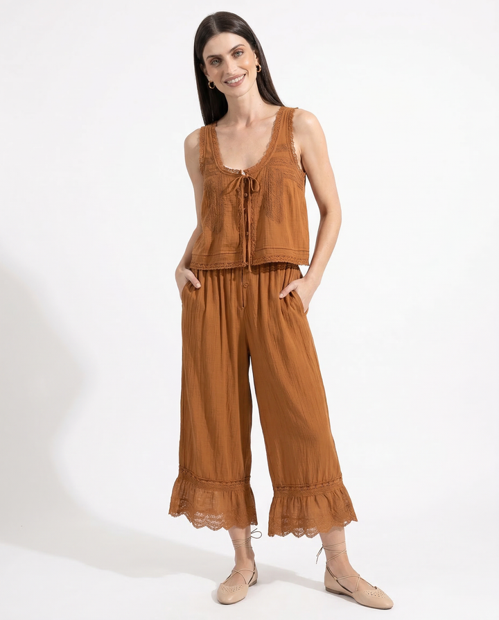 Women's Cotton Lace-Trim Two-Piece Set – Tank Top Wide-Leg Pants
