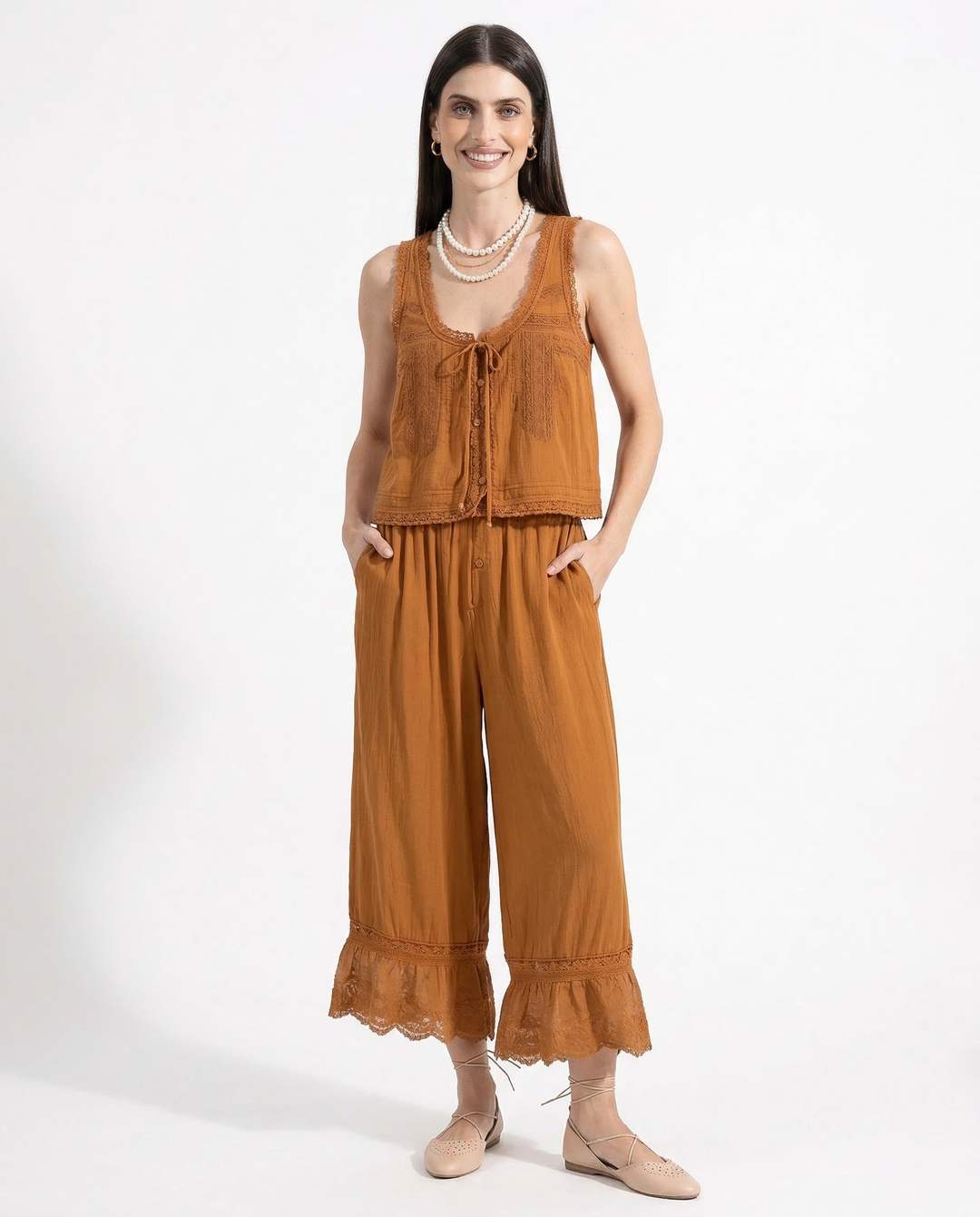 Women's Cotton Lace-Trim Two-Piece Set – Tank Top Wide-Leg Pants