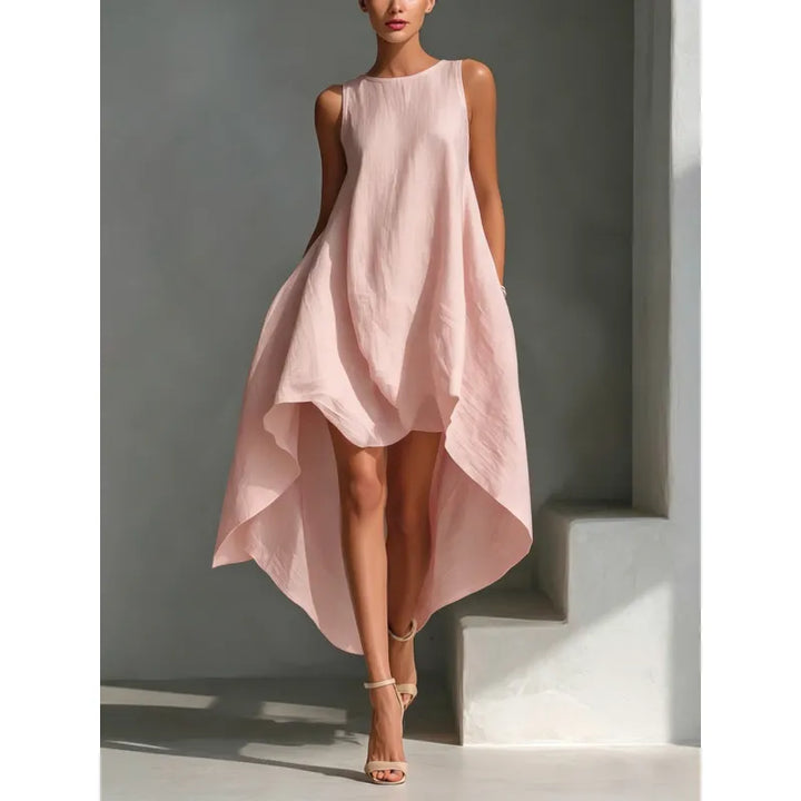 Flared Sleeveless Midi Dress – Asymmetrical Crew Neck A-Line