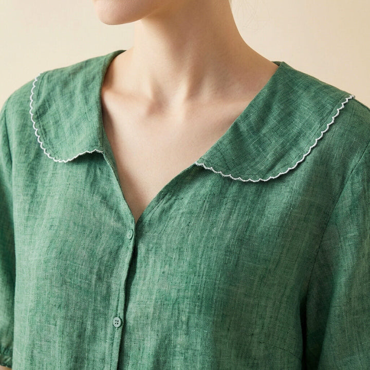 Women's Cotton-Linen Blend Blouse – Oversized Scalloped Collar