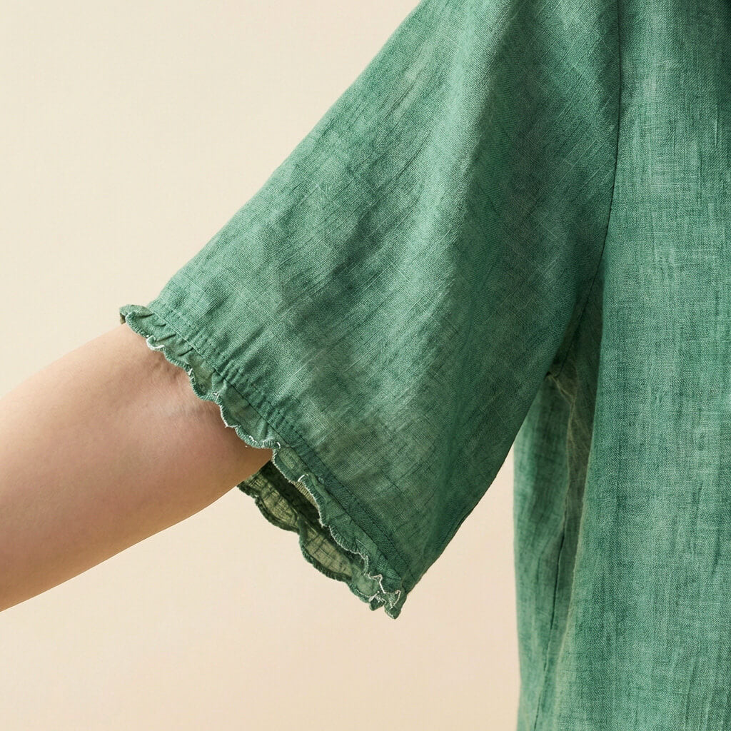 Women's Cotton-Linen Blend Blouse – Oversized Scalloped Collar