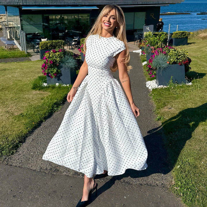 Women's Polka Dot Maxi Dress – High Neck Cap Sleeve A-Line
