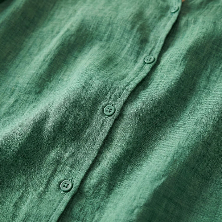 Women's Cotton-Linen Blouse Scalloped Collar – Gathered Short Sleeves