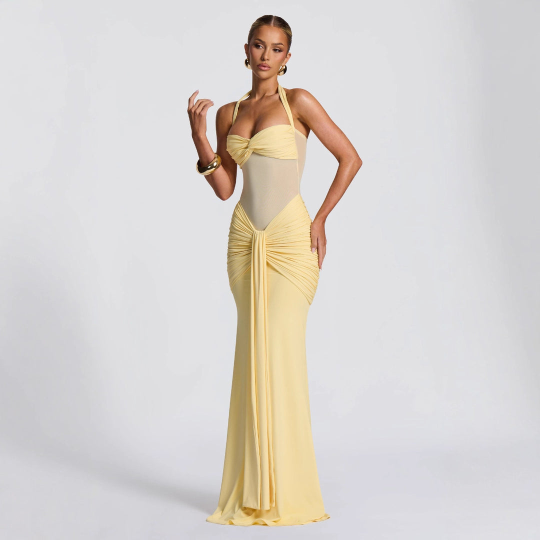 Ruched Halterneck Evening Gown – Twist Front Maxi Dress