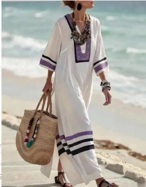 Women's Boho Maxi Dress – V-Neck Kaftan with Stripe Trim